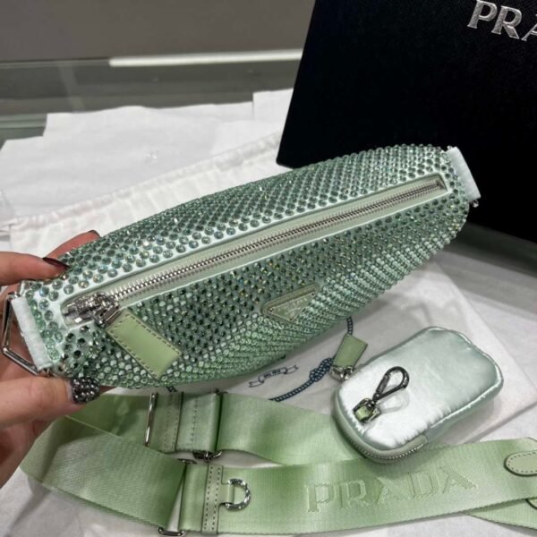 Replica Prada 1NE190 Crystal-studded satin pouch Green